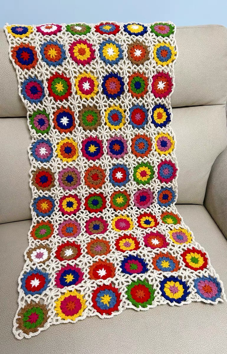 Flower pattern motif hand-knitted 120x60cm blanket Granny square mother gift