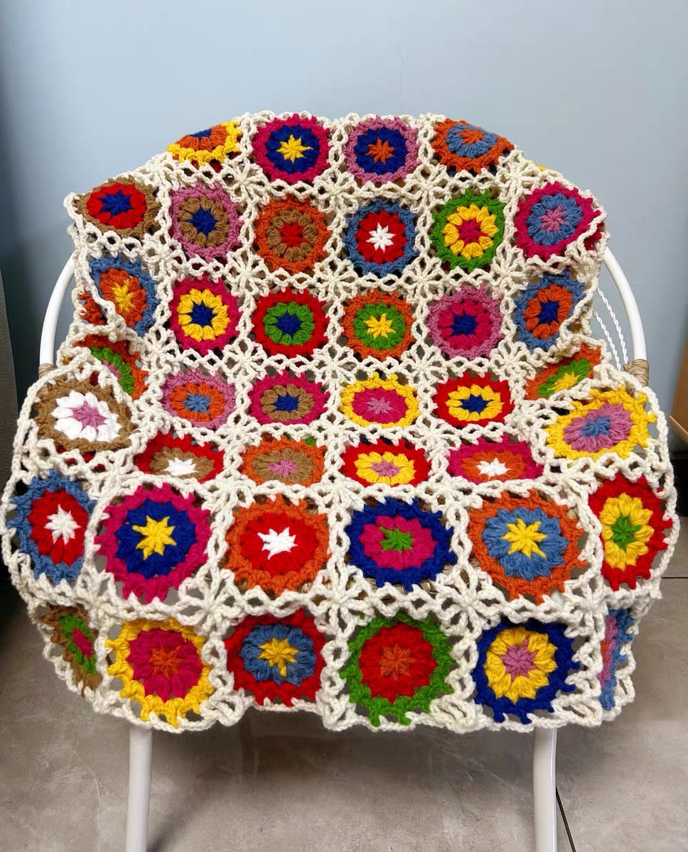 Flower pattern motif hand-knitted 120x60cm blanket Granny square mother gift