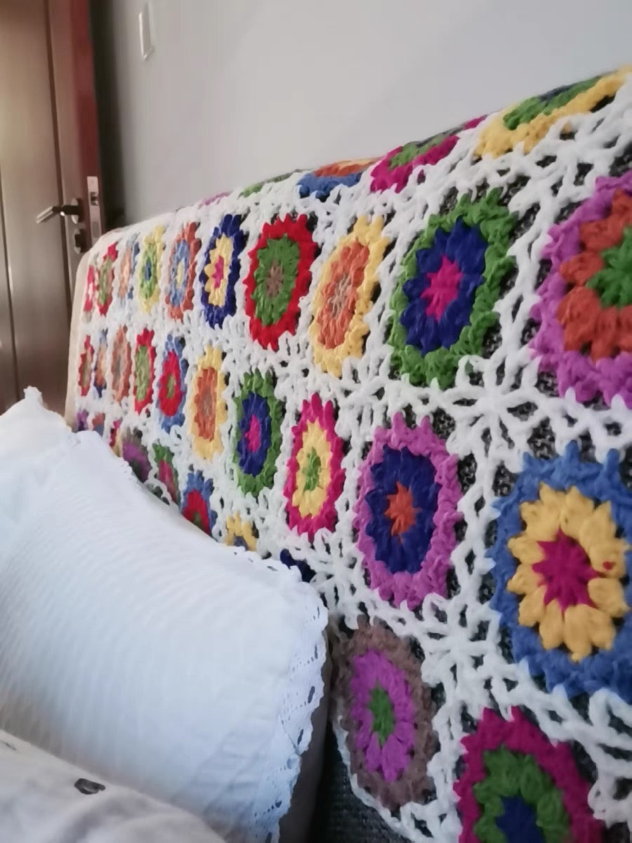 Flower pattern motif hand-knitted 120x60cm blanket Granny square mother gift