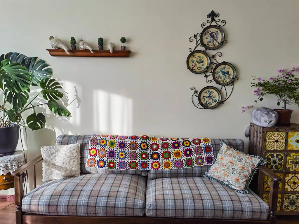 Flower pattern motif hand-knitted 120x60cm blanket Granny square mother gift