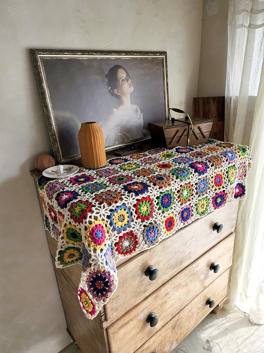 Flower pattern motif hand-knitted 120x60cm blanket Granny square mother gift