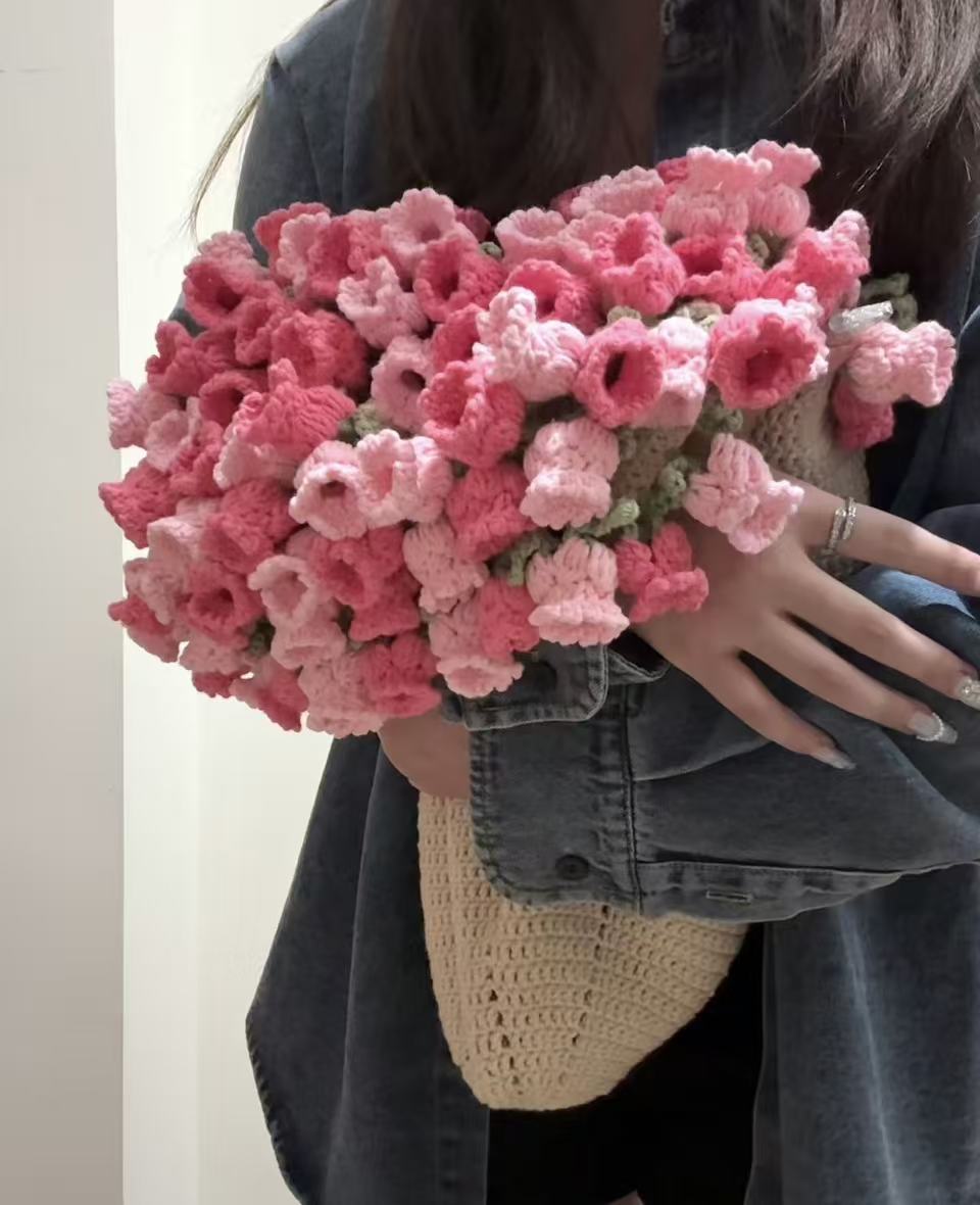 Finished Hand- Pink crocheted lily of the valley flower round blanket