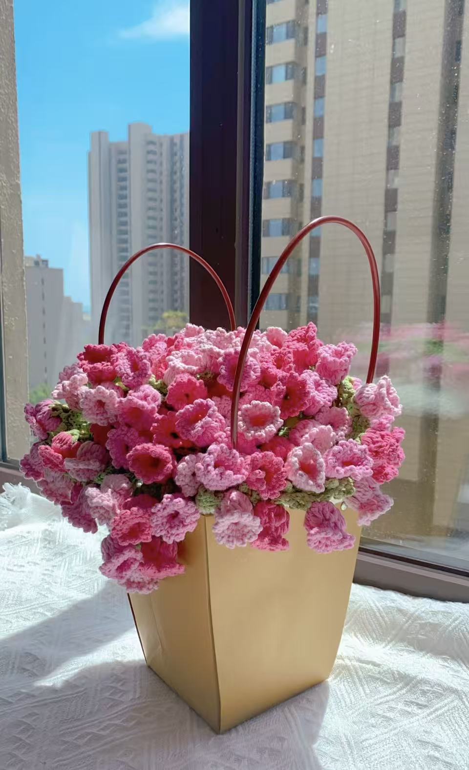Finished Hand- Pink crocheted lily of the valley flower round blanket