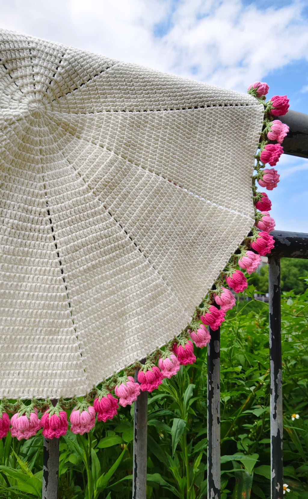 Finished Hand- Pink crocheted lily of the valley flower round blanket