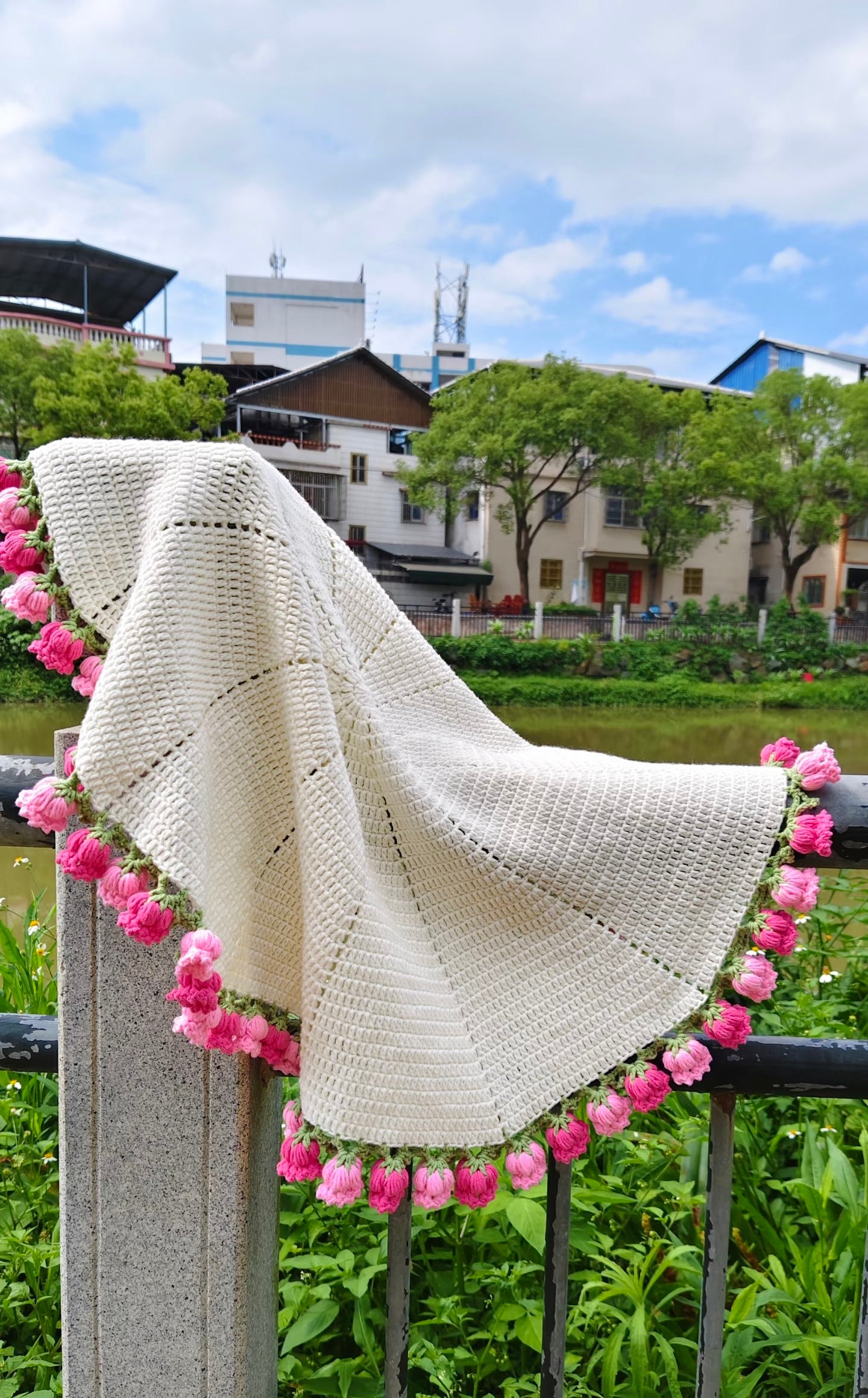 Finished Hand- Pink crocheted lily of the valley flower round blanket