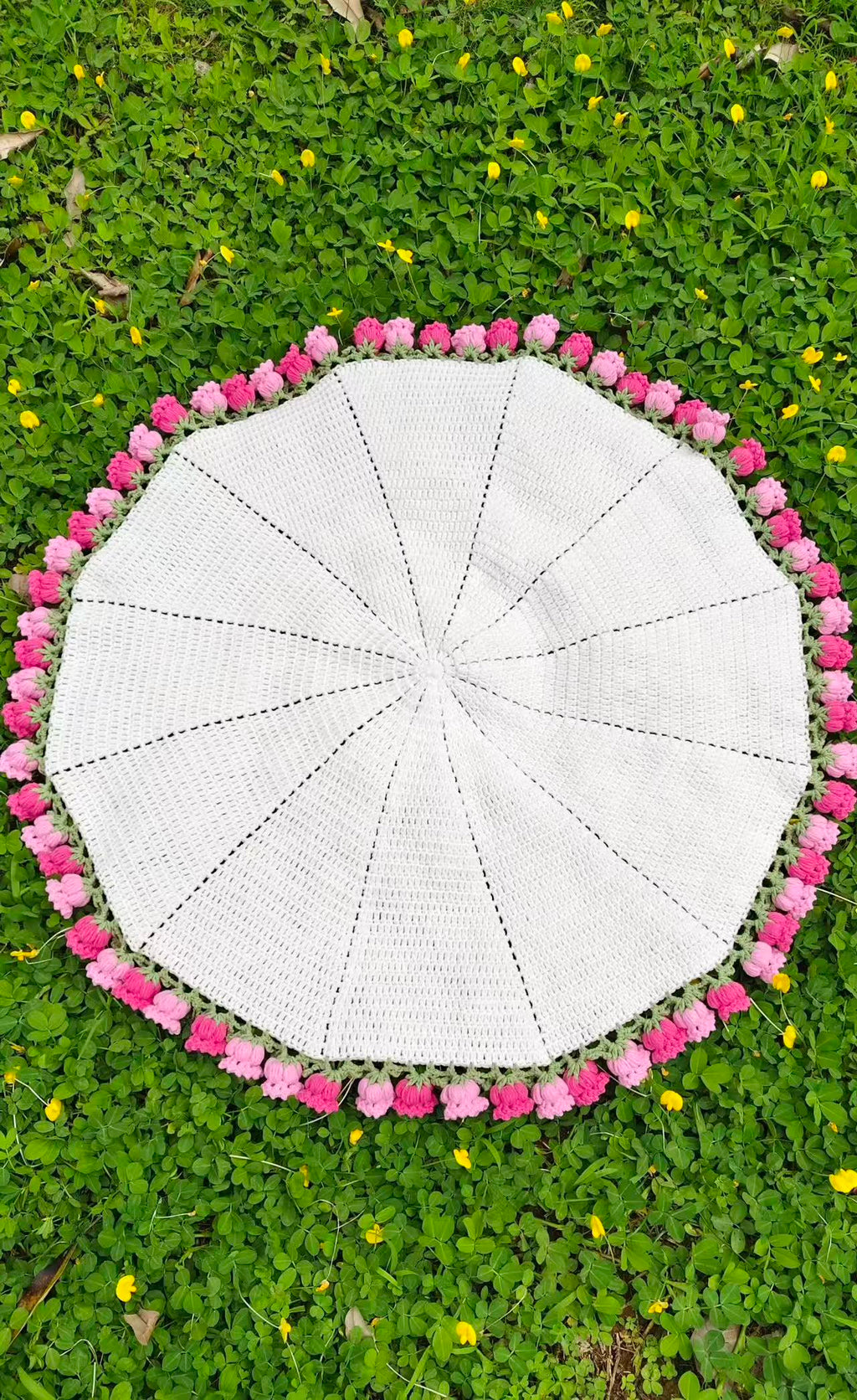 Finished Hand- Pink crocheted lily of the valley flower round blanket