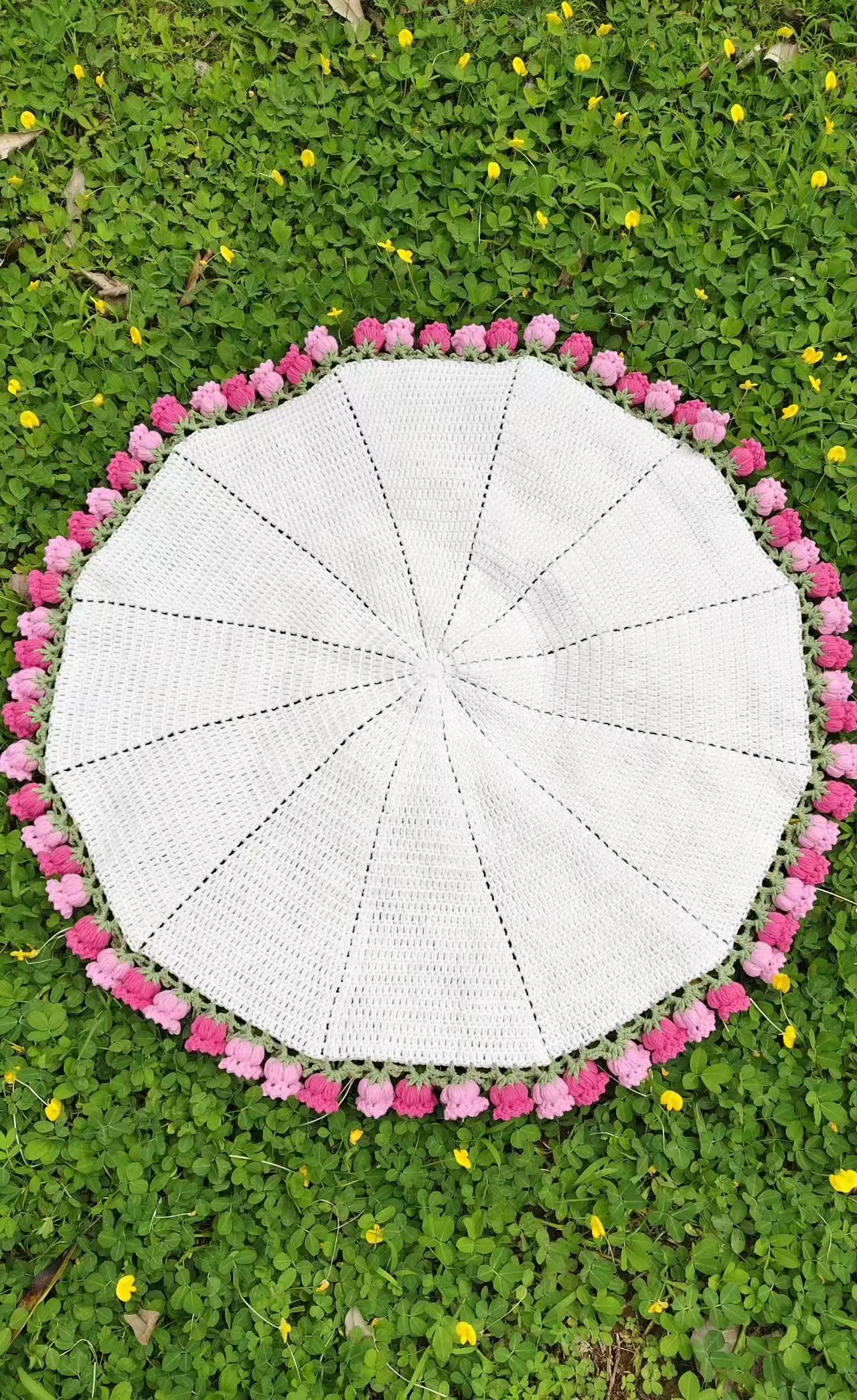 Finished Hand- Pink crocheted lily of the valley flower round blanket