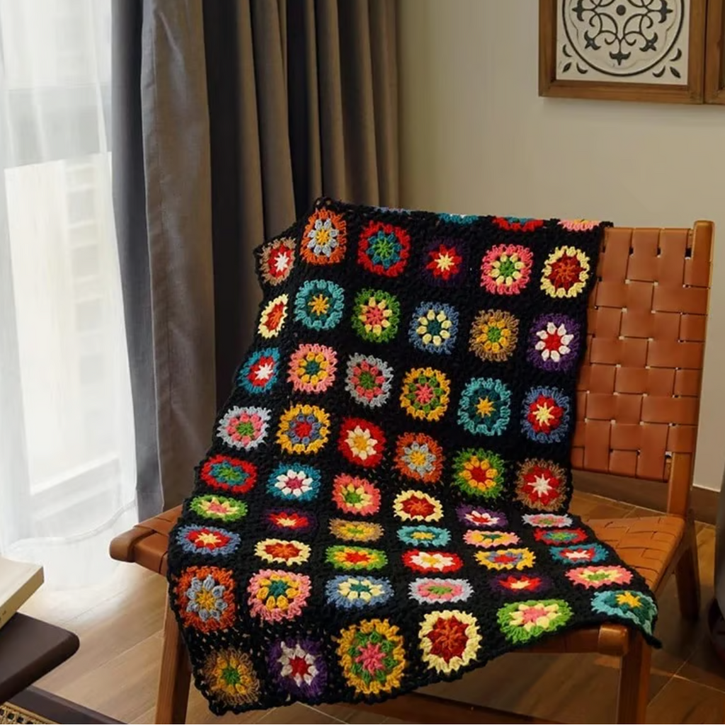 Handmade Crochet Blanket Black Throw Blanket Grandma 47"x23"