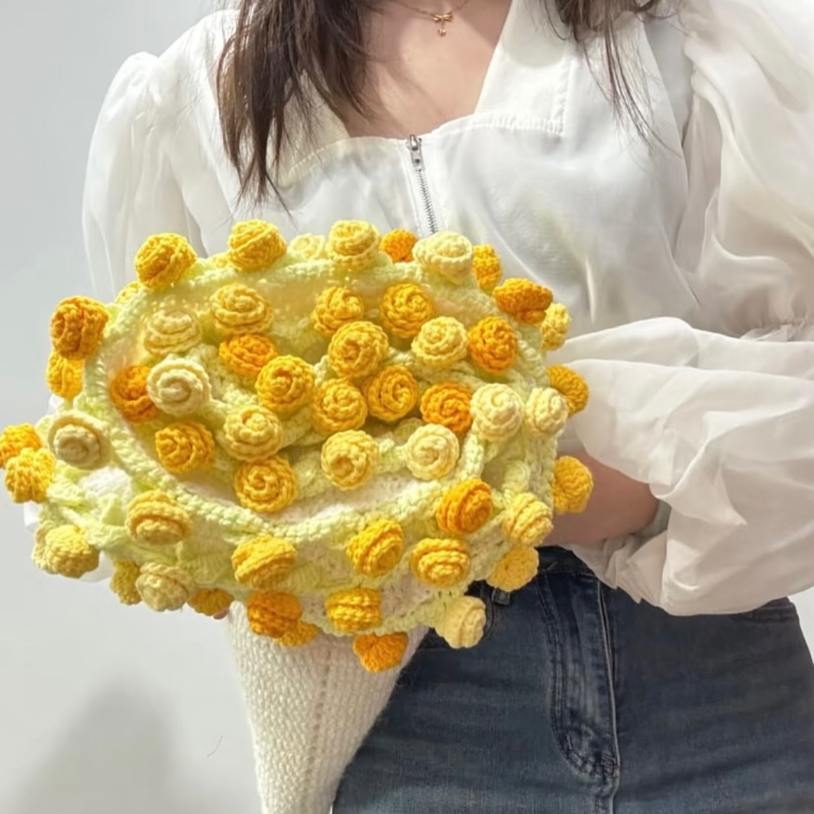 Finished Hand-crocheted Yellow Roses round blanket Women's Gifts
