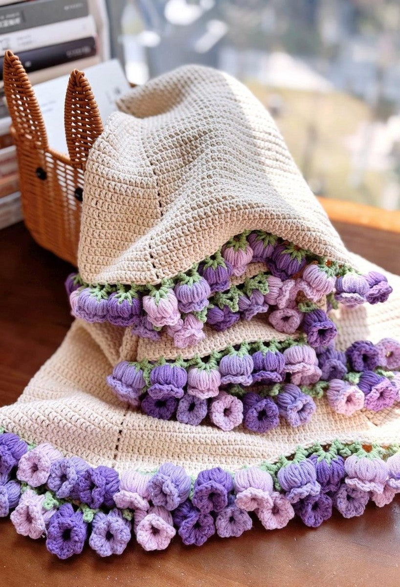 Finished Hand-crocheted lily of the valley flower round blanket