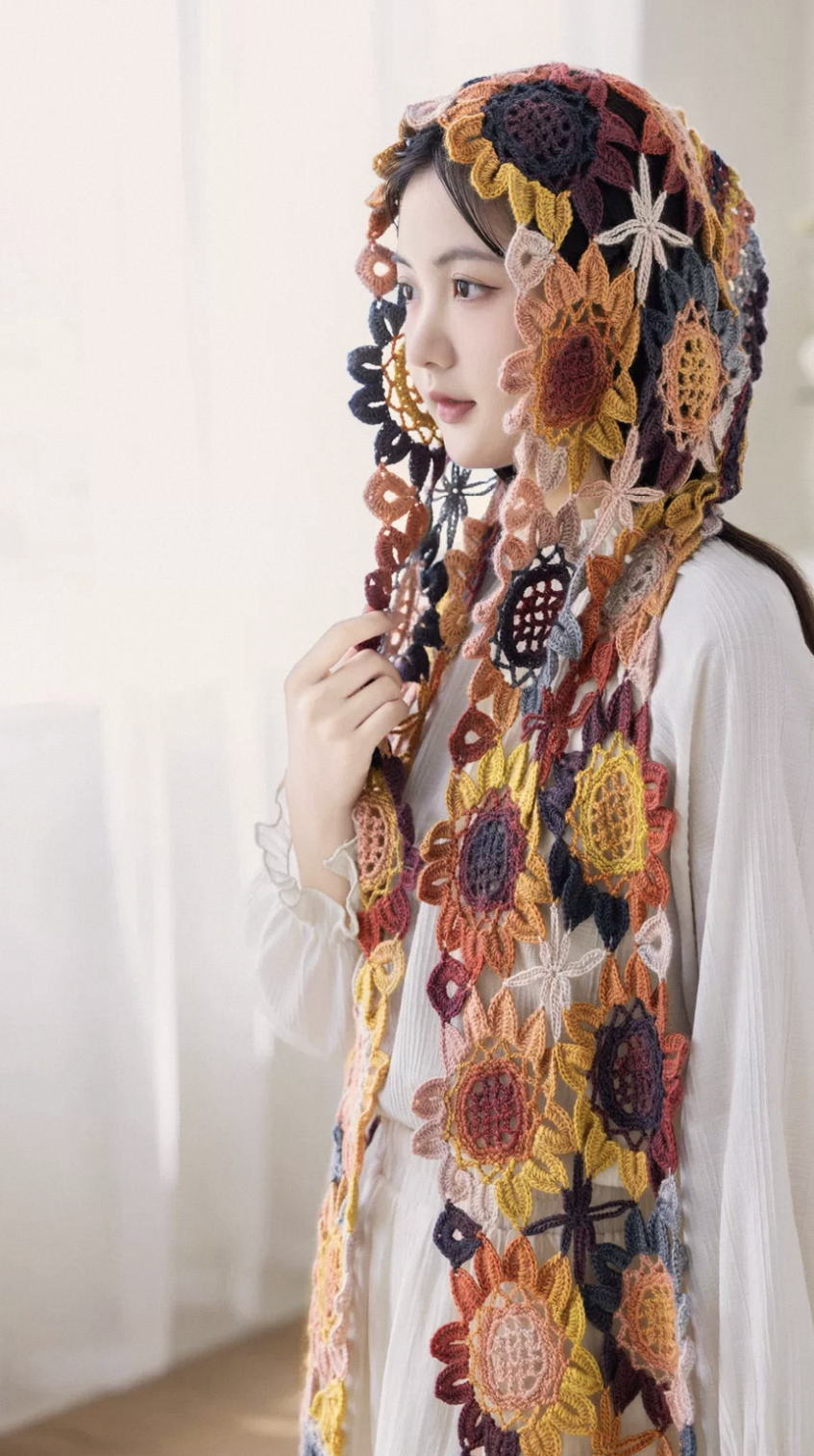 Finished  floral hand-crocheted scarf  winter accessories