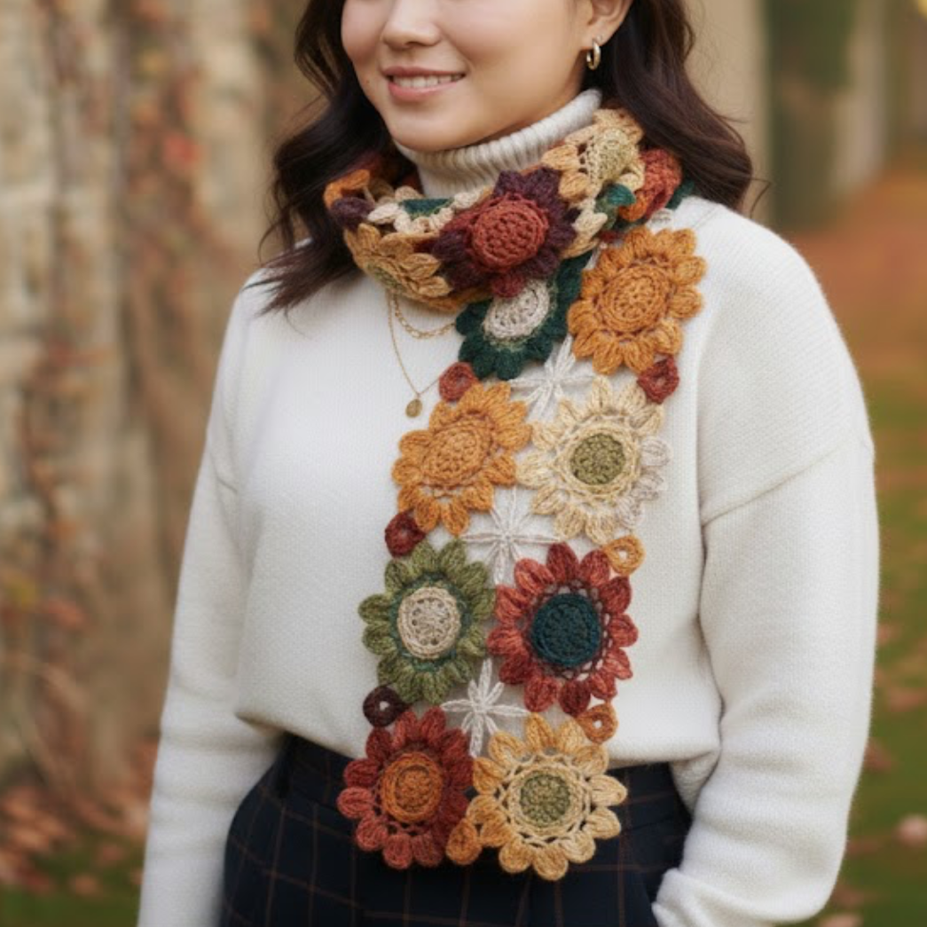 Finished  floral hand-crocheted scarf  winter accessories