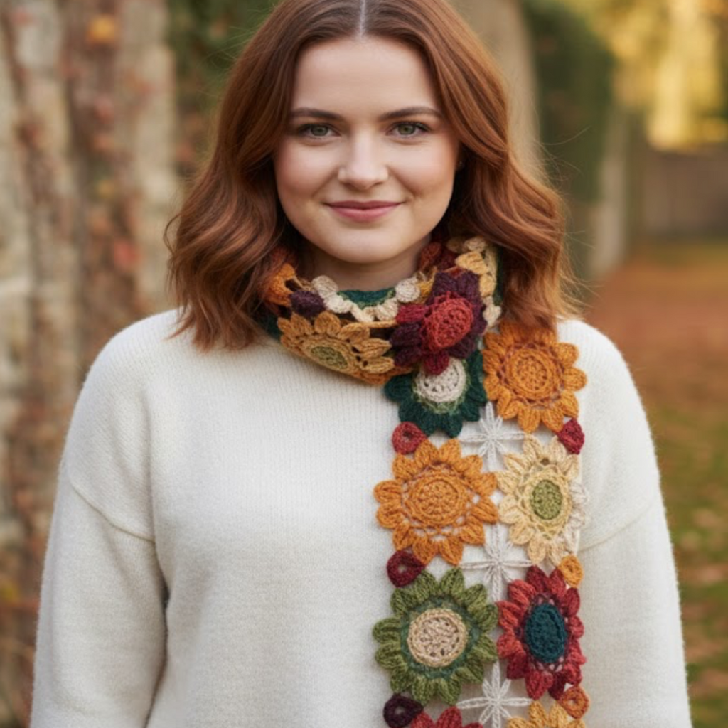 Finished  floral hand-crocheted scarf  winter accessories