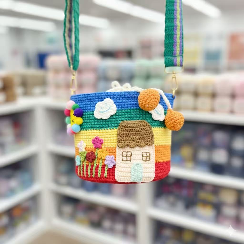 Fairy tale house handmade crocheted crossbody bag