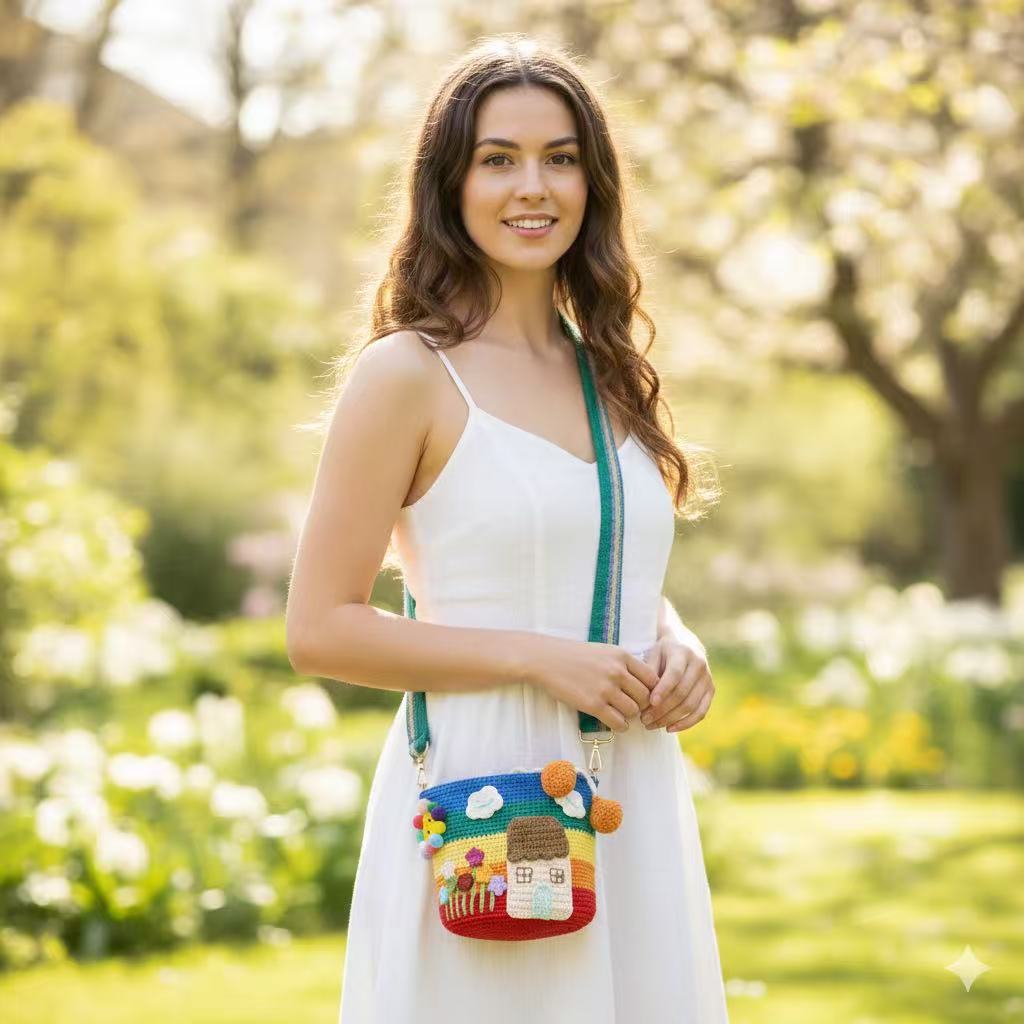 Fairy tale house handmade crocheted crossbody bag