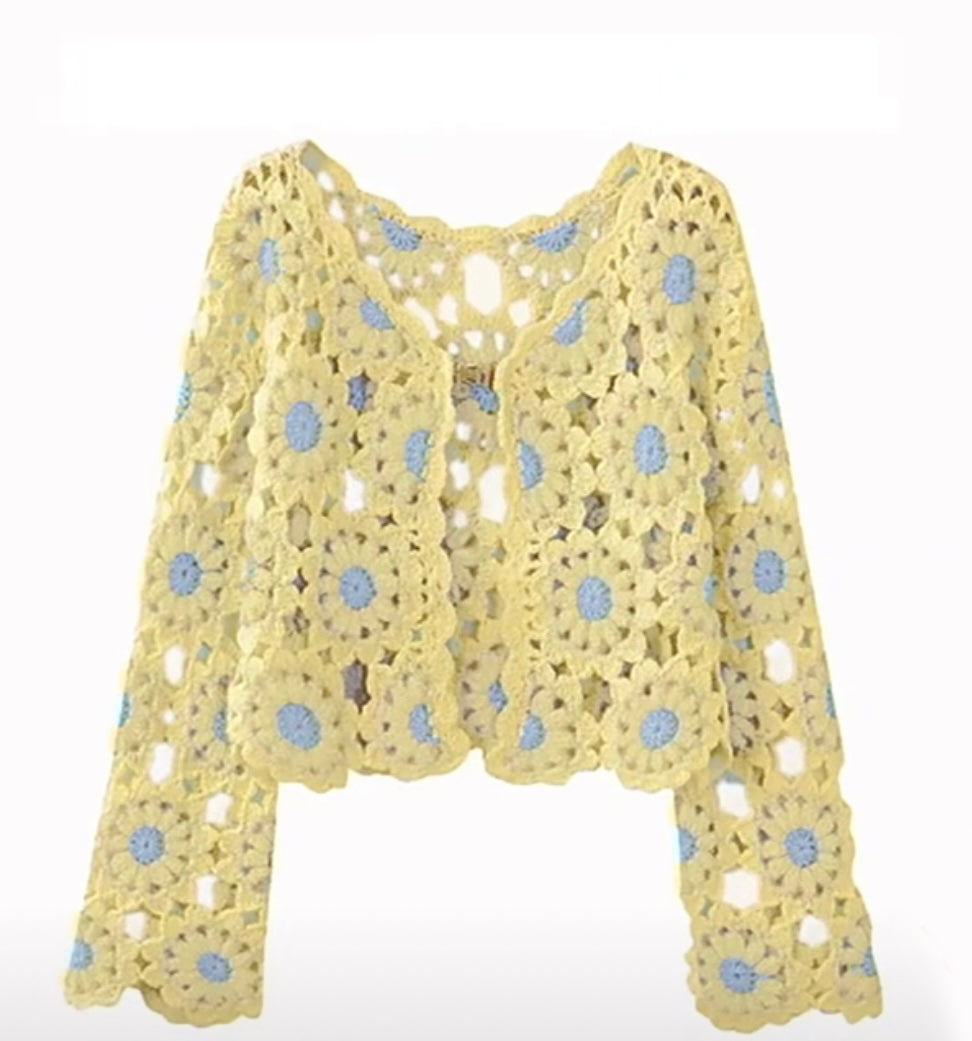 Finished hand-crocheted Icelandic wool sweater, autumn/winter floral long sleeves