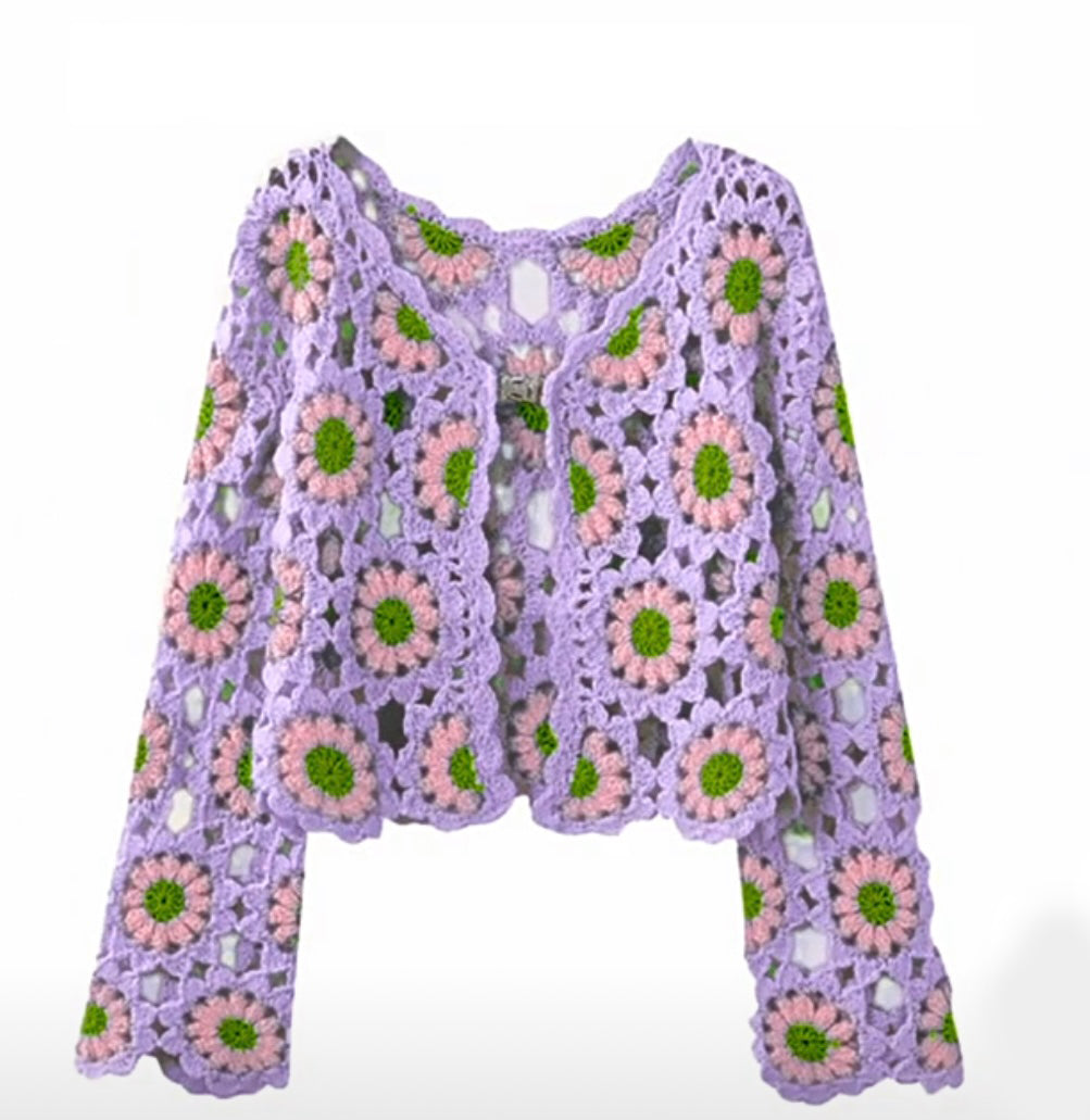 Finished hand-crocheted Icelandic wool sweater, autumn/winter floral long sleeves