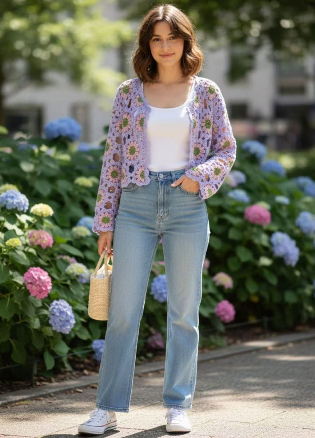 Finished hand-crocheted Icelandic wool sweater, autumn/winter floral long sleeves