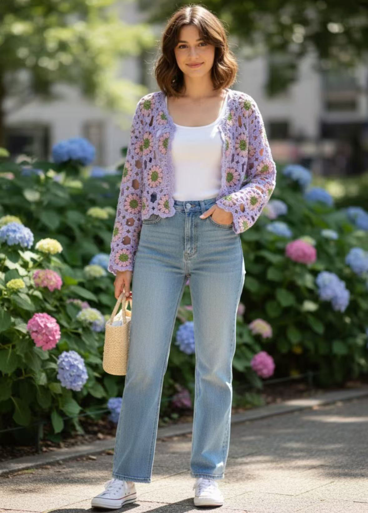 Finished hand-crocheted Icelandic wool sweater, autumn/winter floral long sleeves