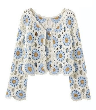 Finished hand-crocheted Icelandic wool sweater, autumn/winter floral long sleeves