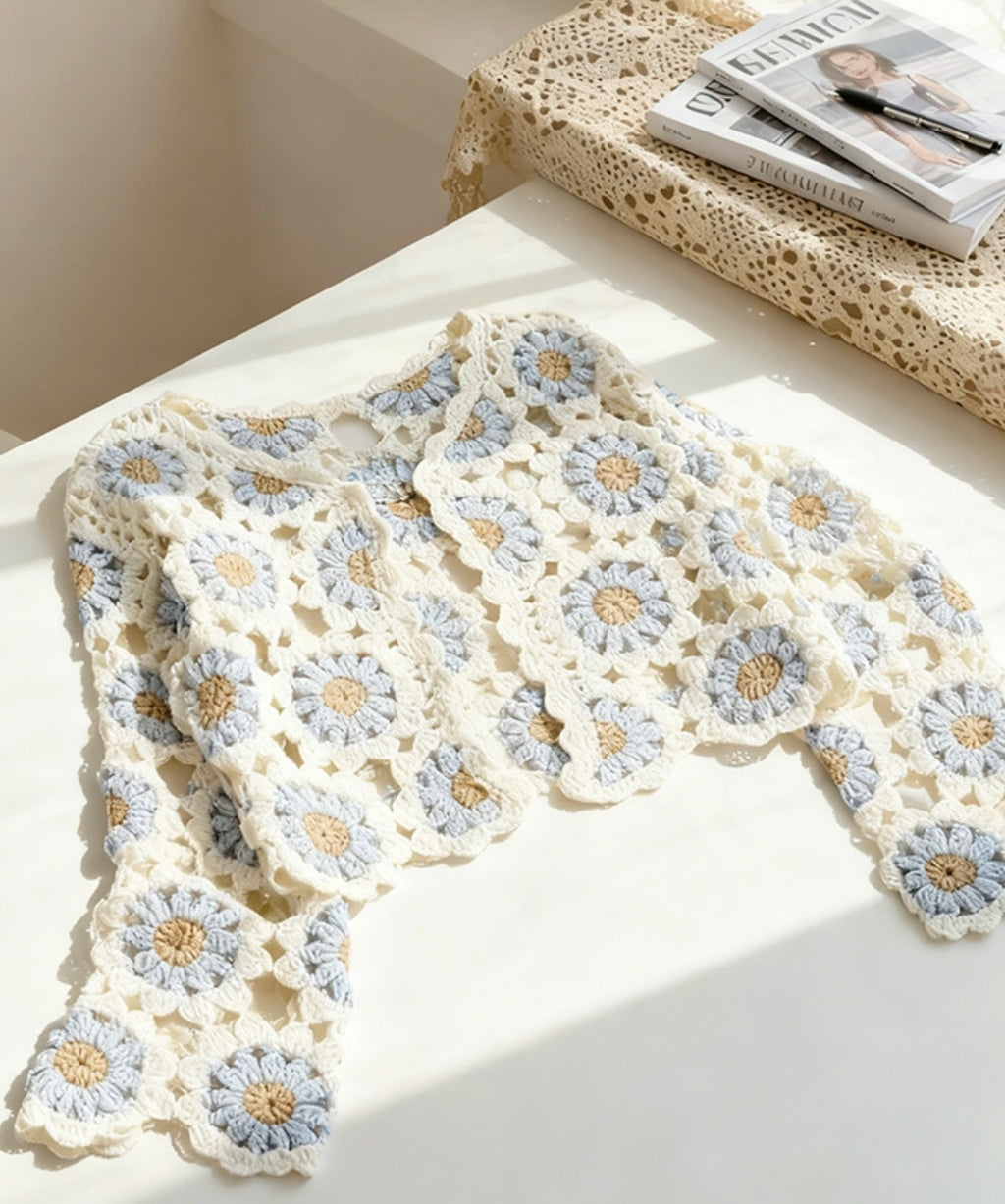 Finished hand-crocheted Icelandic wool sweater, autumn/winter floral long sleeves