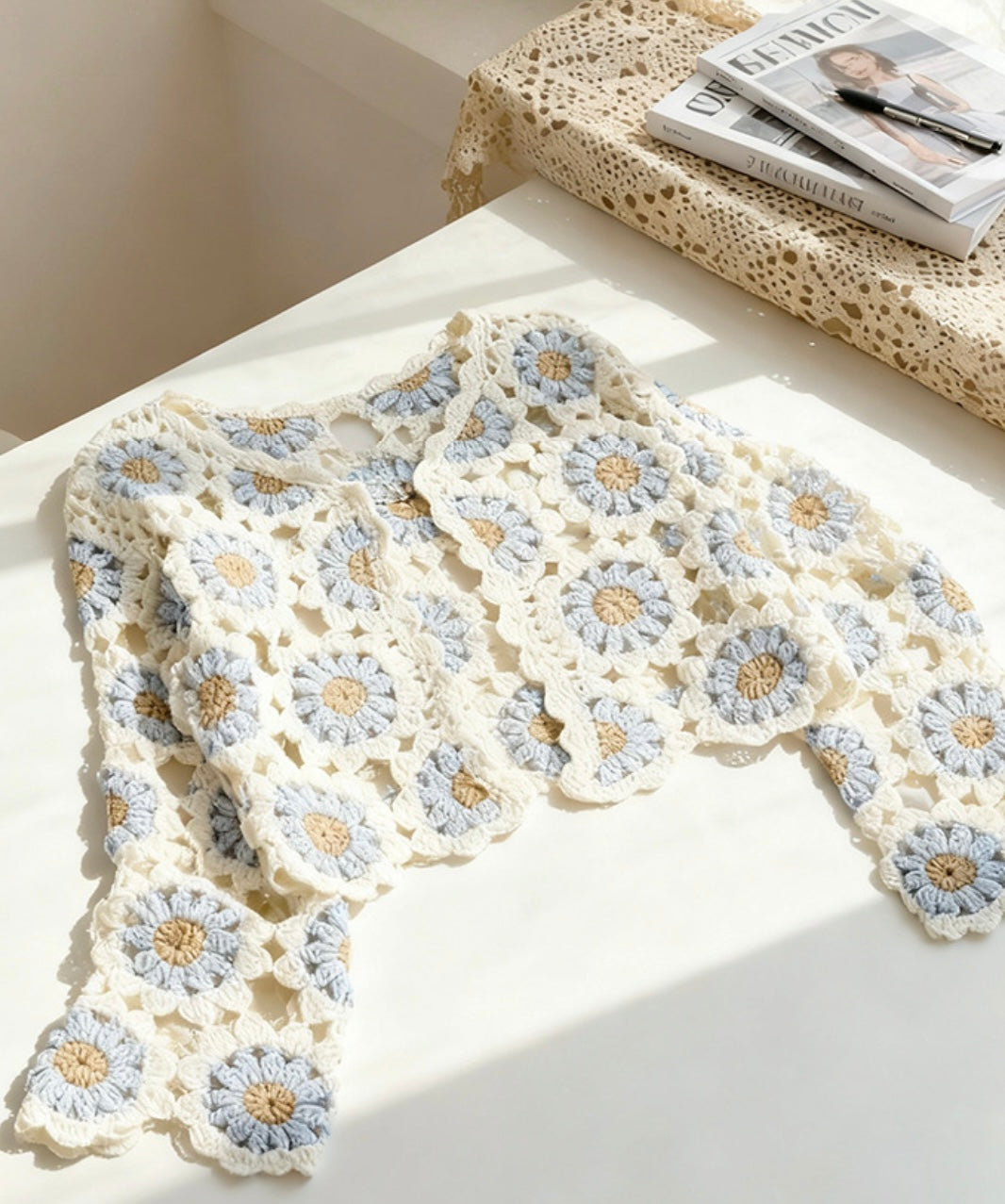 Finished hand-crocheted Icelandic wool sweater, autumn/winter floral long sleeves