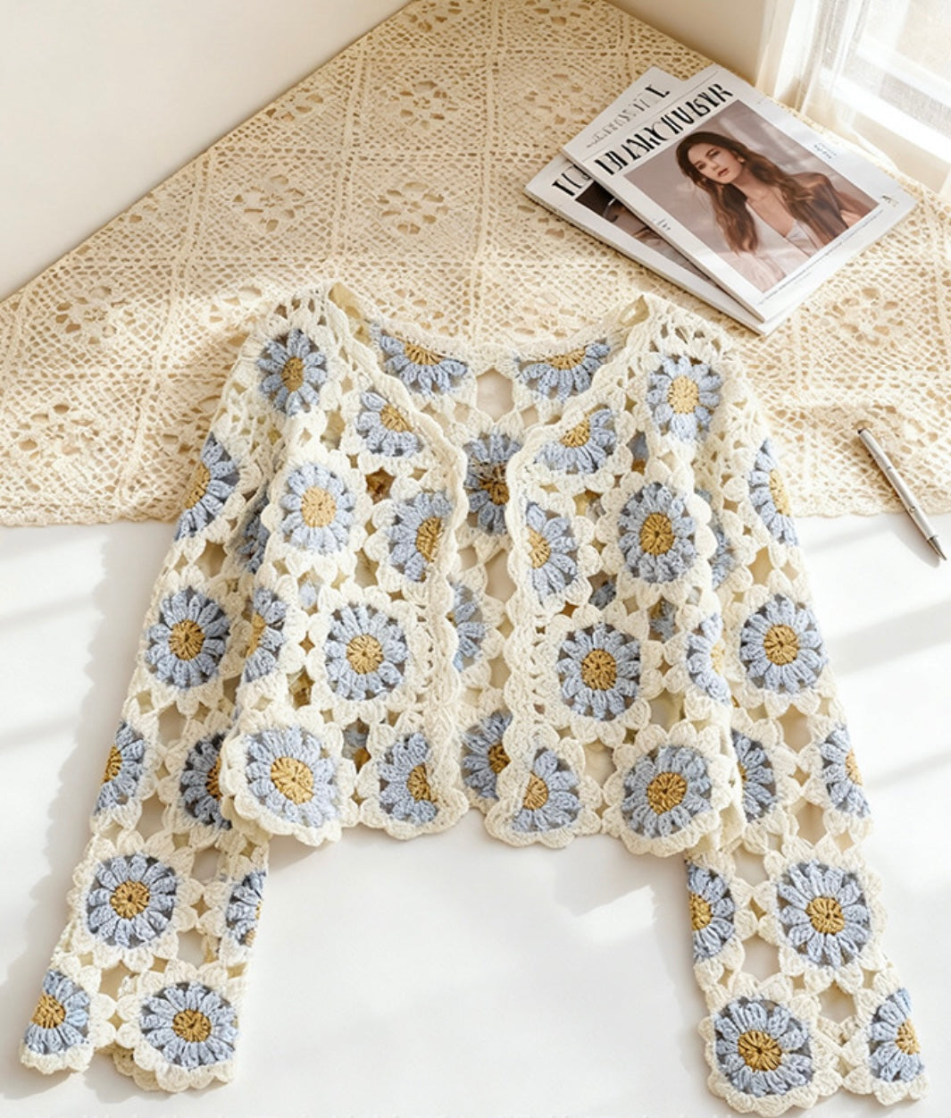 Finished hand-crocheted Icelandic wool sweater, autumn/winter floral long sleeves