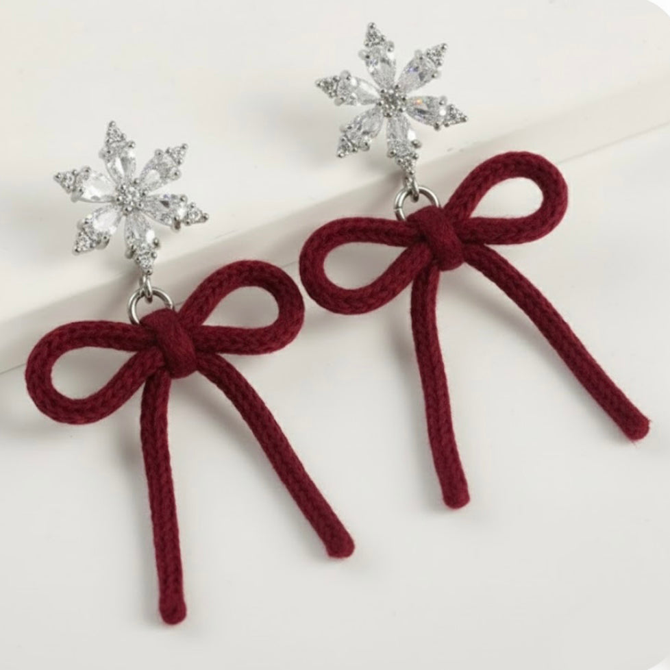 Hand-crocheted gemstone yarn snowflake ribbon earrings