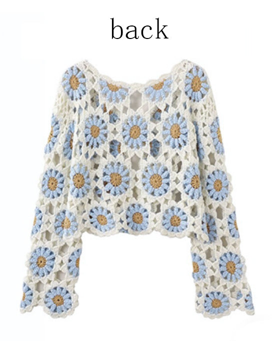 Finished hand-crocheted Icelandic wool sweater, autumn/winter floral long sleeves