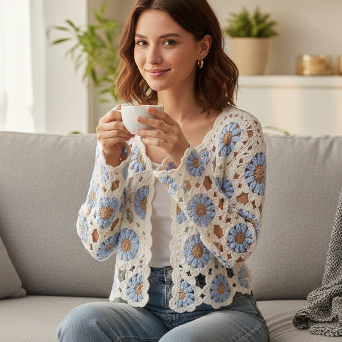 Finished hand-crocheted Icelandic wool sweater, autumn/winter floral long sleeves