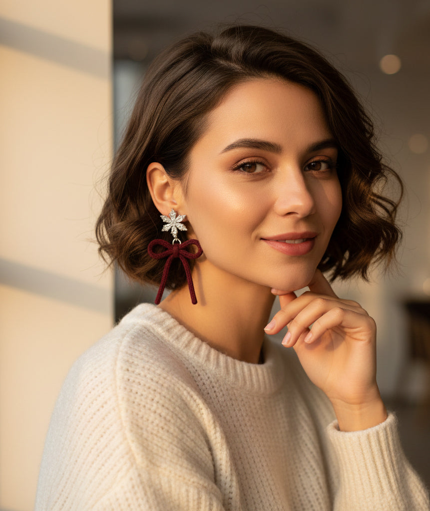Hand-crocheted gemstone yarn snowflake ribbon earrings