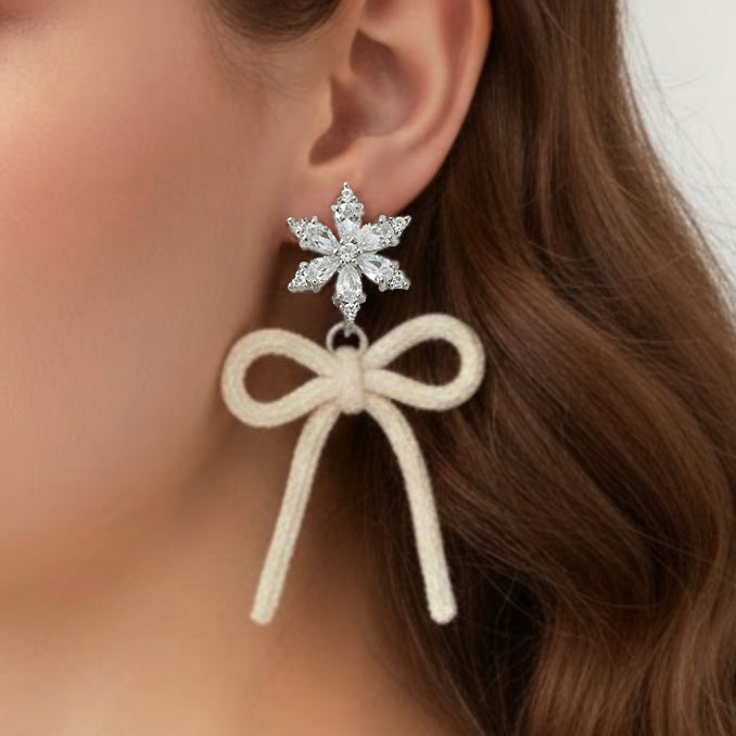 Hand-crocheted gemstone yarn snowflake ribbon earrings