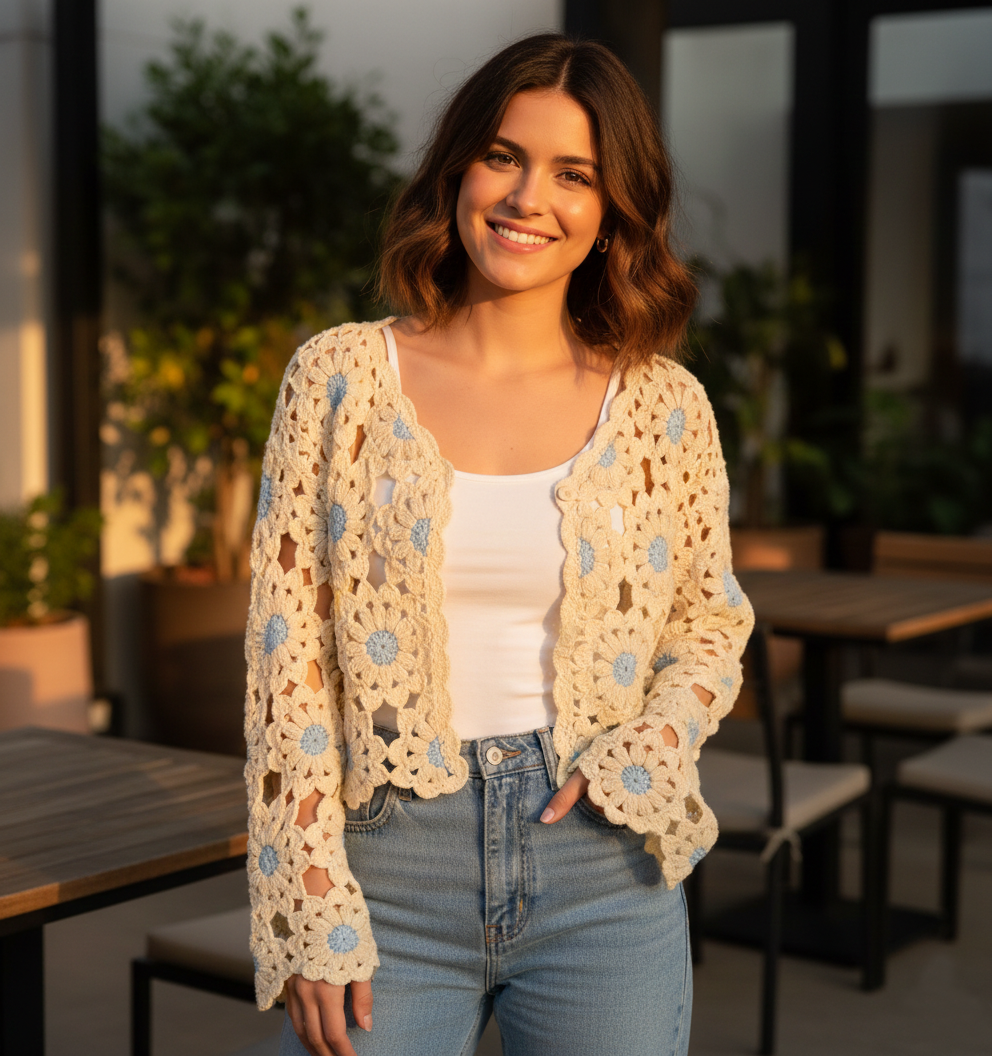 Finished hand-crocheted Icelandic wool sweater, autumn/winter floral long sleeves