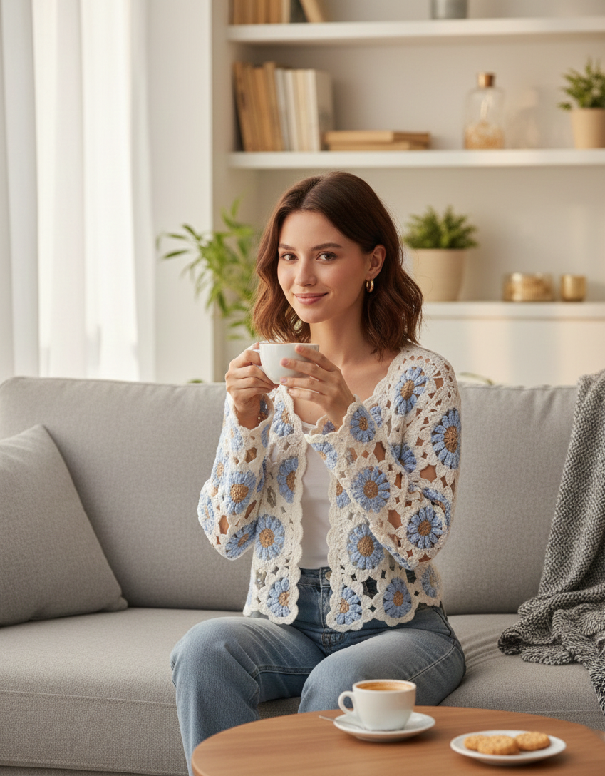 Finished hand-crocheted Icelandic wool sweater, autumn/winter floral long sleeves