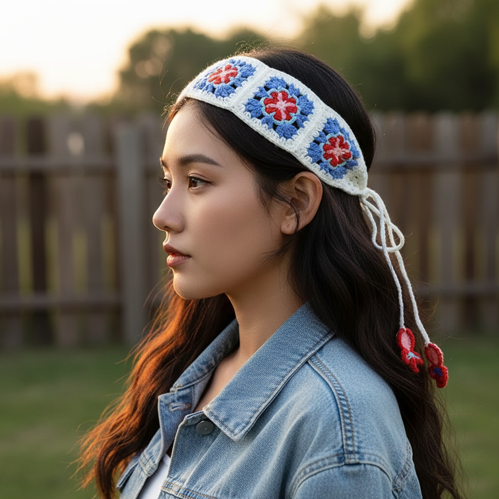 Hand-crocheted vintage granny square headband
