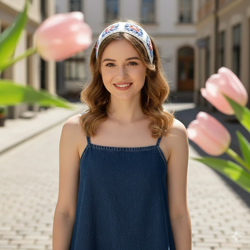 Hand-crocheted vintage granny square headband