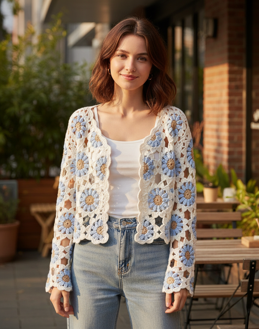 Finished hand-crocheted Icelandic wool sweater, autumn/winter floral long sleeves