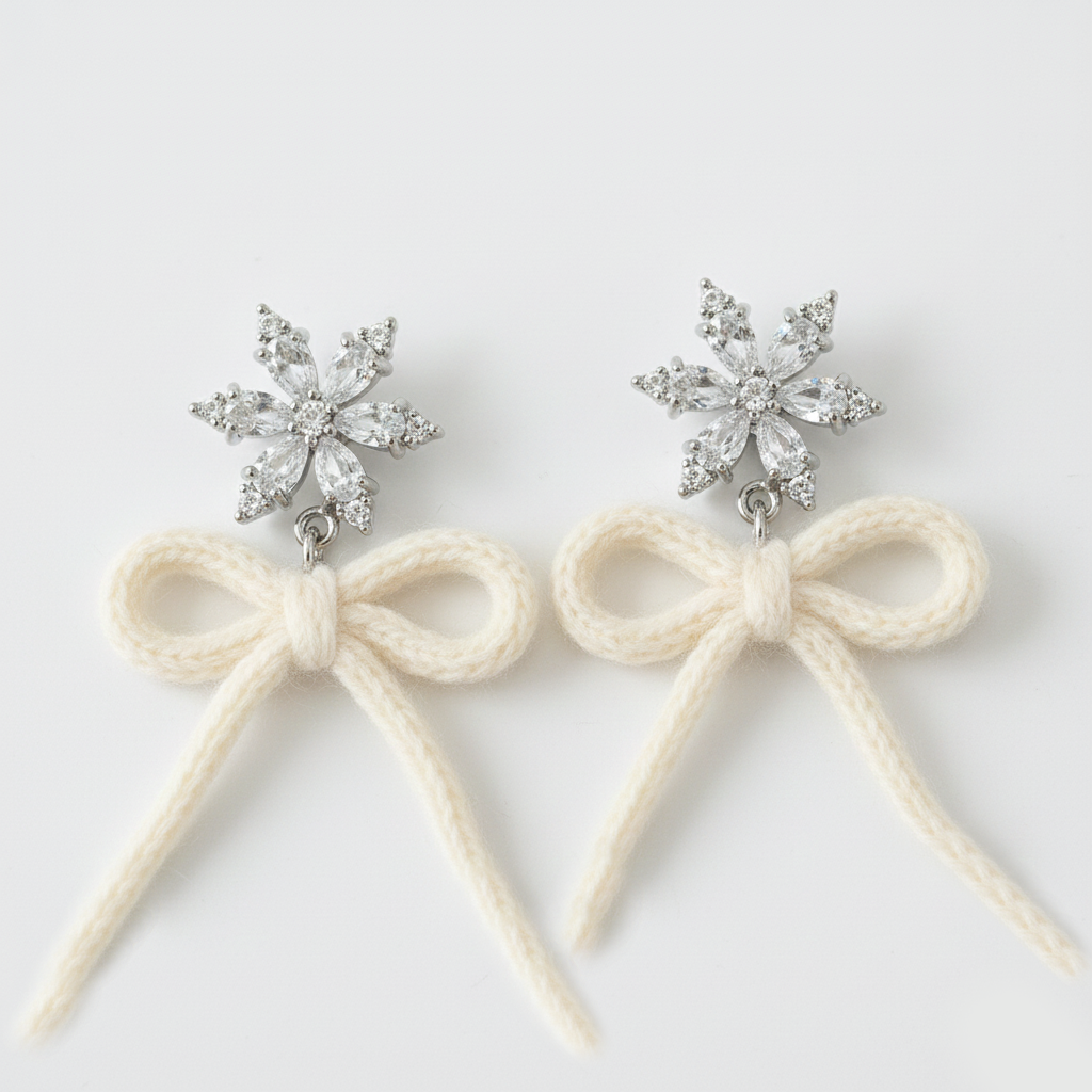 Hand-crocheted gemstone yarn snowflake ribbon earrings